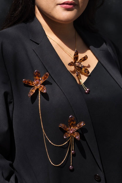 Grammatophyllum Orchid Chained Brooch