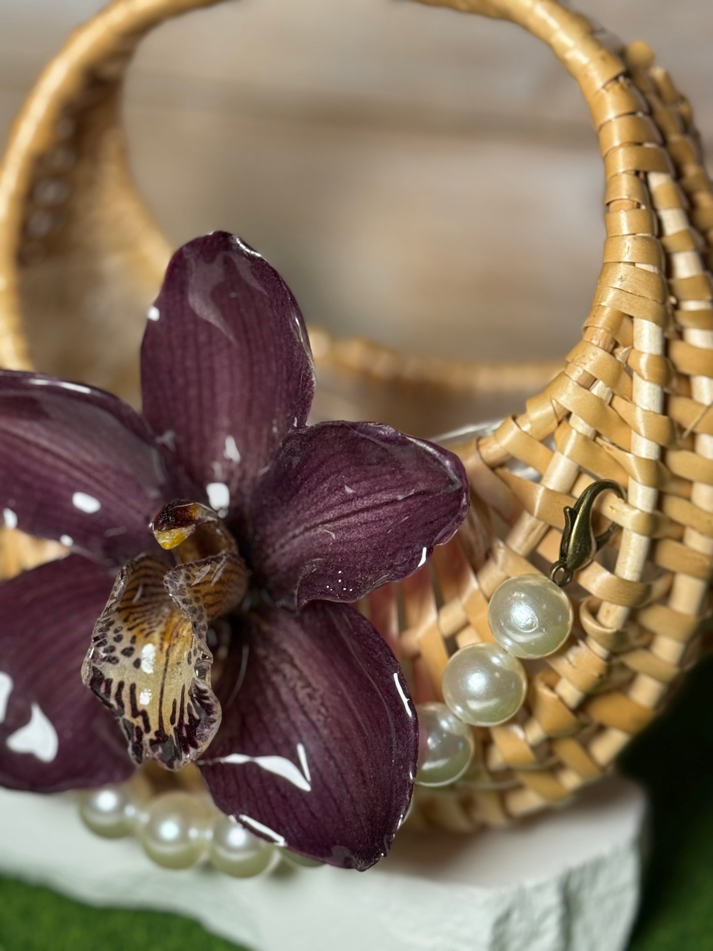 Purple Cymbidium Pearl Mini Rattan Handbag