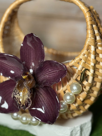 Purple Cymbidium Pearl Mini Rattan Handbag