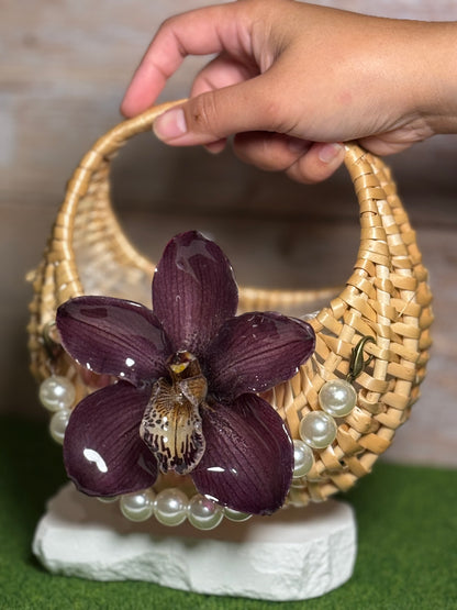 Purple Cymbidium Pearl Mini Rattan Handbag