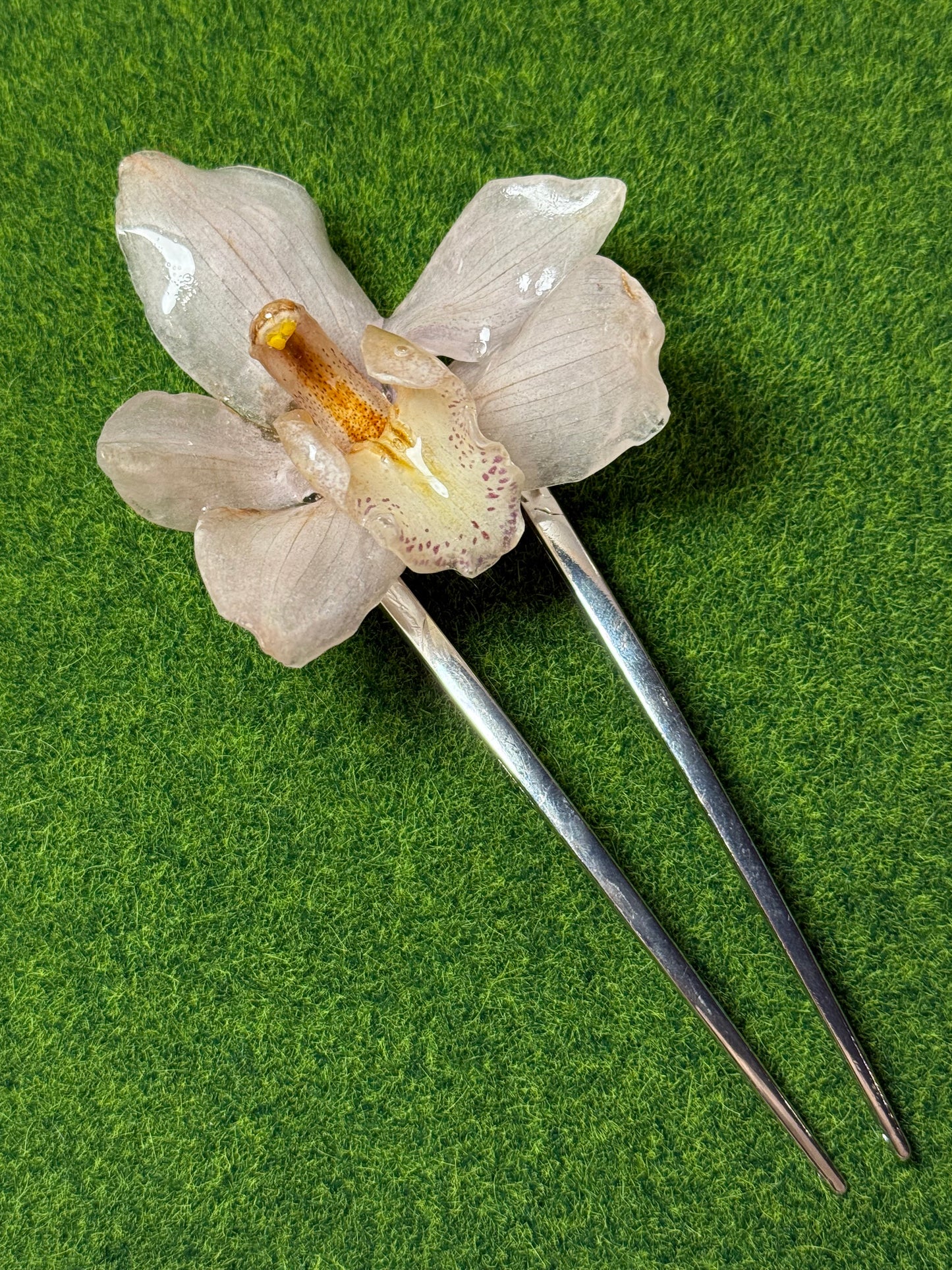 Large Pink Blush Cymbidium Silver Hairpin (Approx. 6 in)