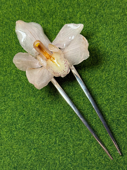 Large Pink Blush Cymbidium Silver Hairpin (Approx. 6 in)