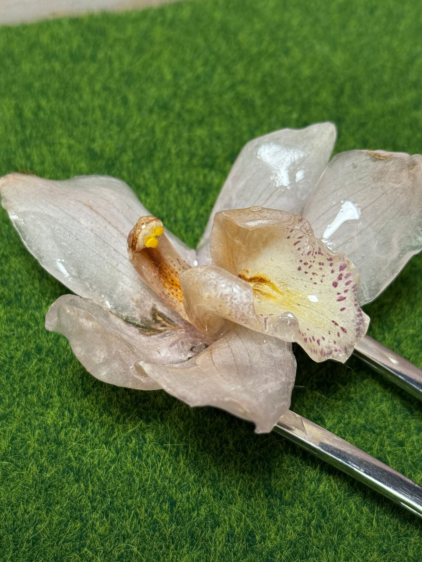 Large Pink Blush Cymbidium Silver Hairpin (Approx. 6 in)