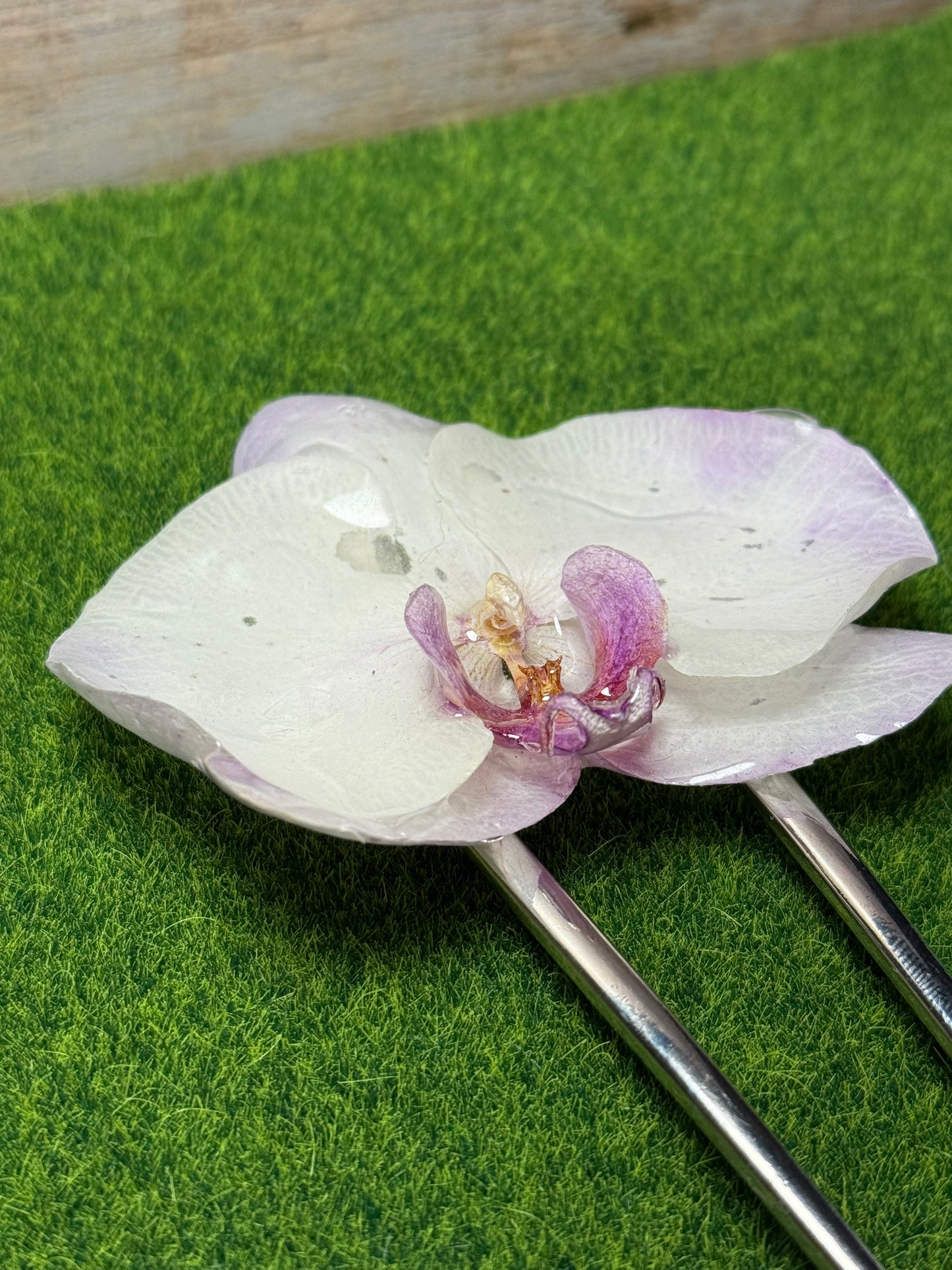 Large White & Purple Phalaenopsis Silver Hairpin (Approx. 6 in)