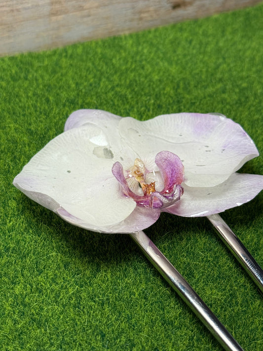 Large White & Purple Phalaenopsis Silver Hairpin (Approx. 6 in)