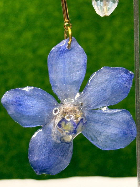 Blue Delphinium & Quartz Gold Earrings