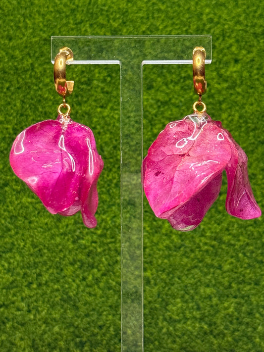 Hot Pink Bougainvillea Gold C-Stud Dangle Earrings