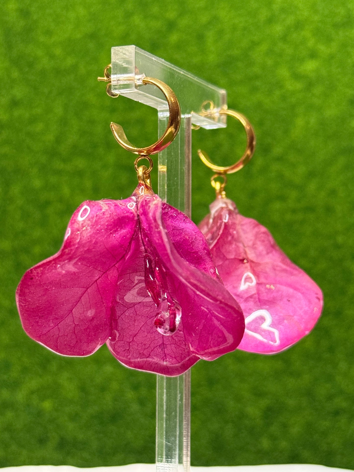 Hot Pink Bougainvillea Gold C-Stud Dangle Earrings