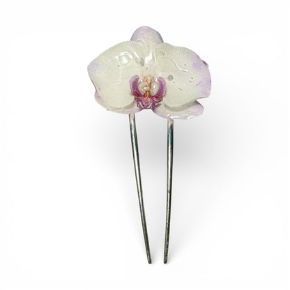 Large White & Purple Phalaenopsis Silver Hairpin (Approx. 6 in)