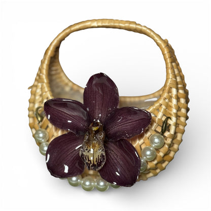 Purple Cymbidium Pearl Mini Rattan Handbag