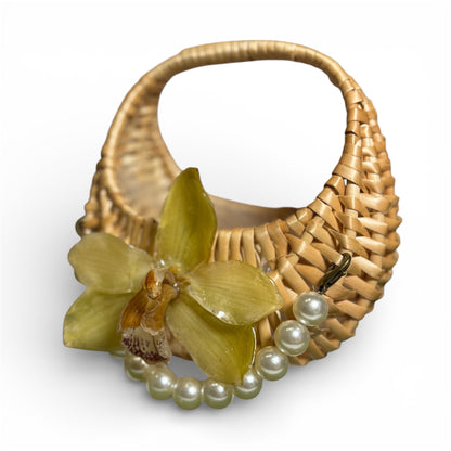 Green Cymbidium Pearl Mini Rattan Handbag