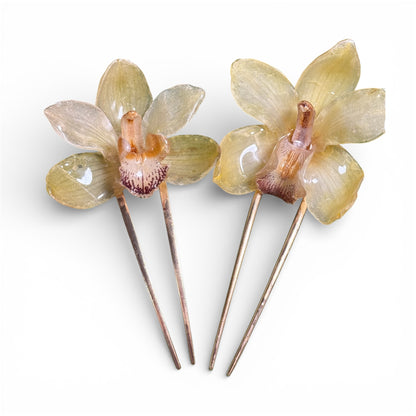 Large Green & Yellow Cymbidium Hairpin (Approx. 6 in)
