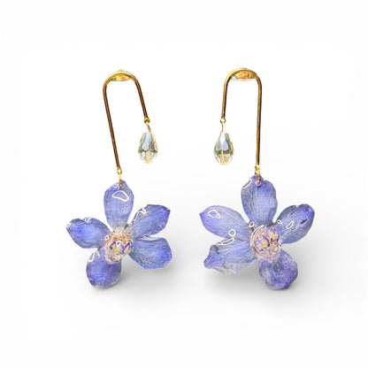 Blue Delphinium & Quartz Gold Earrings